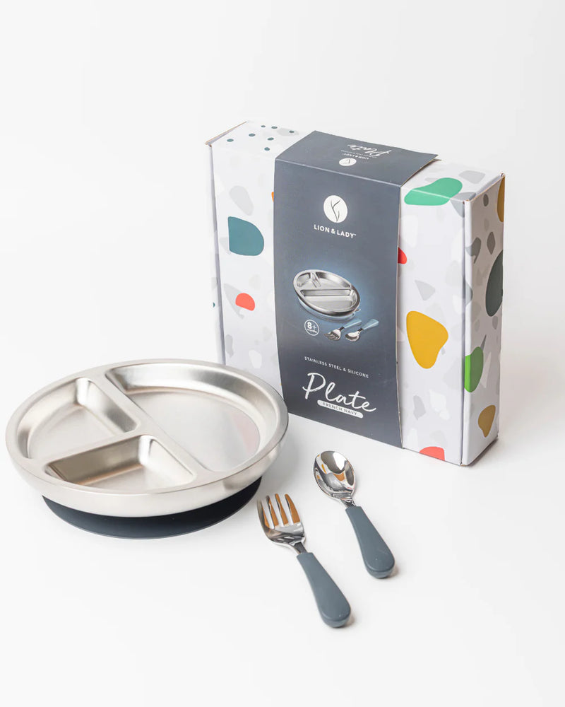 Lion & Lady 18/8 Stainless Steel Toddler Plate with Silicone Suction Base, Spoon and Fork - French Navy