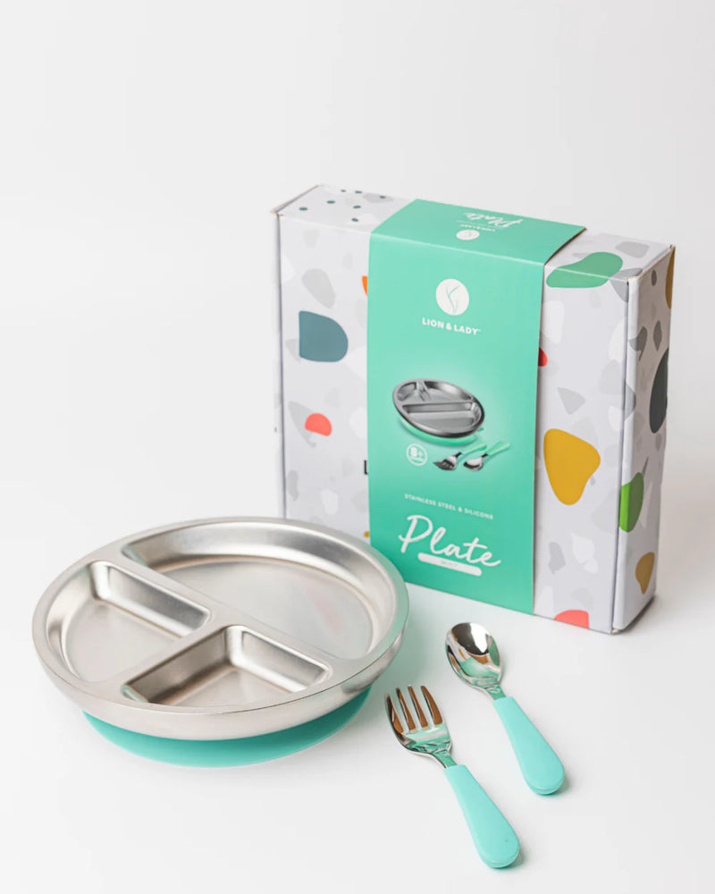 Lion & Lady 18/8 Stainless Steel Toddler Plate with Silicone Suction Base, Spoon and Fork - Mint
