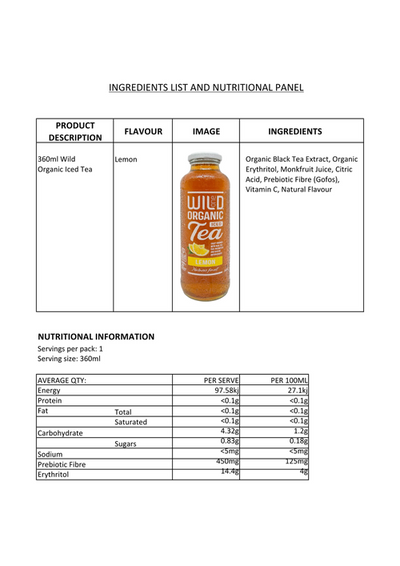 Wild Organic Iced Tea Lemon 360ml