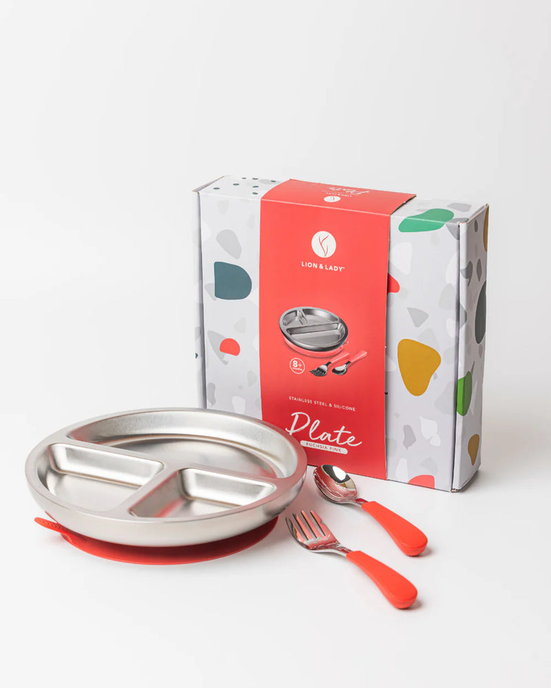 Lion & Lady 18/8 Stainless Steel Toddler Plate with Silicone Suction Base, Spoon and Fork - Fuchsia Pink