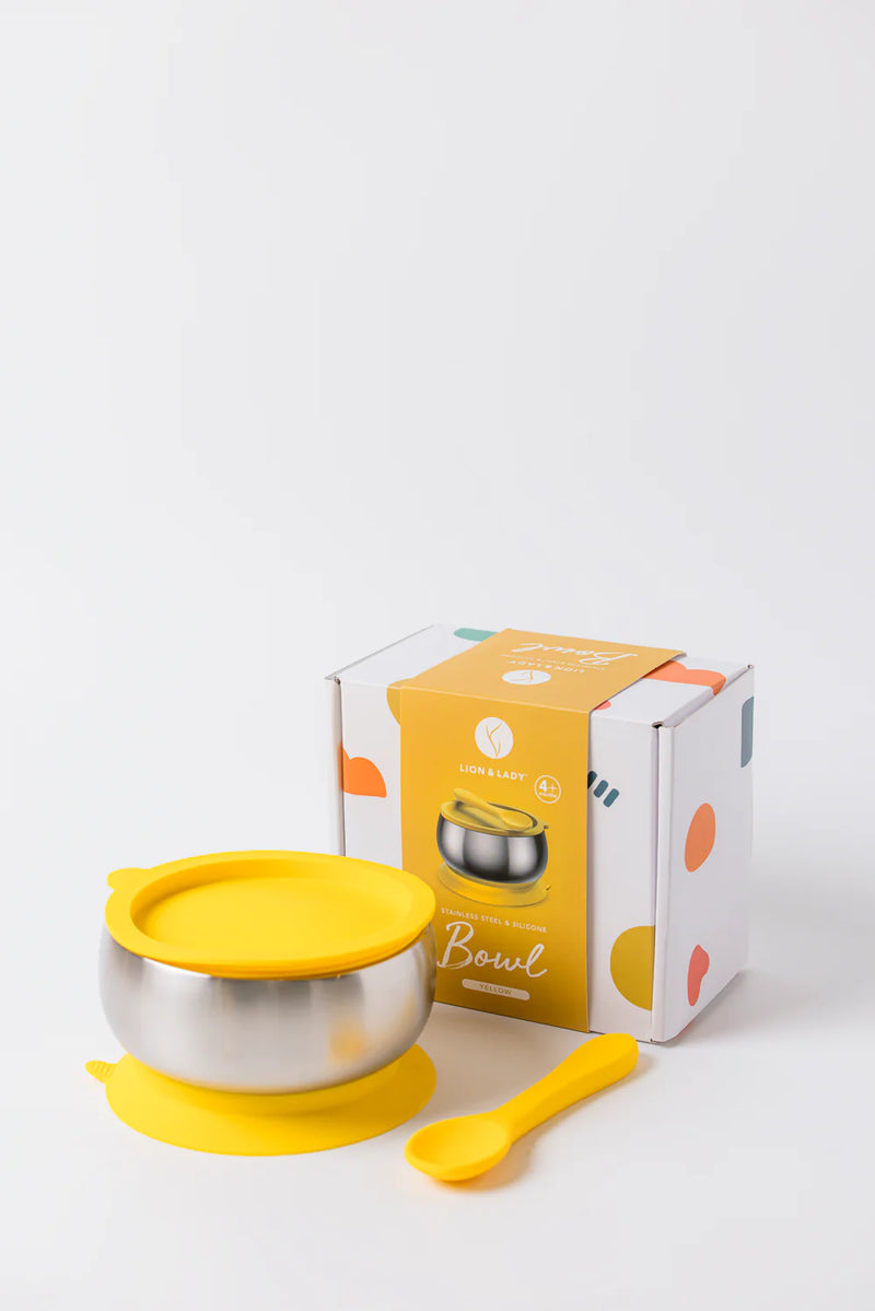 Lion & Lady 18/8 Stainless Steel Feeding Bowl with Silicone Suction Base, Airtight Lid and Spoon- Buttercup Yellow