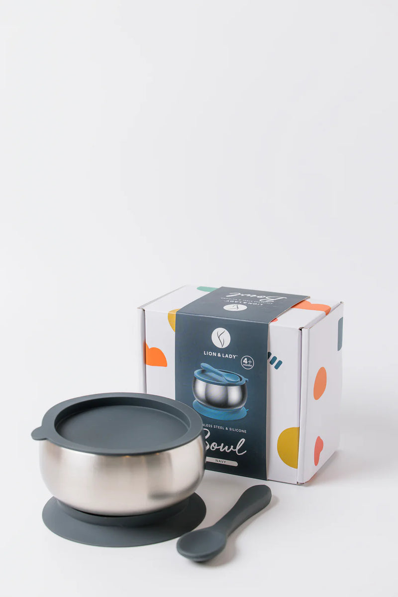 Lion & Lady 18/8 Stainless Steel Feeding Bowl with Silicone Suction Base, Airtight Lid and Spoon- French Navy