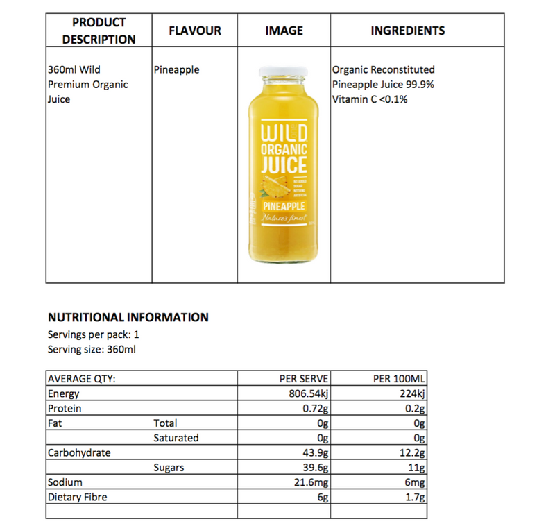 Wild Organic Pineapple Juice 360ml