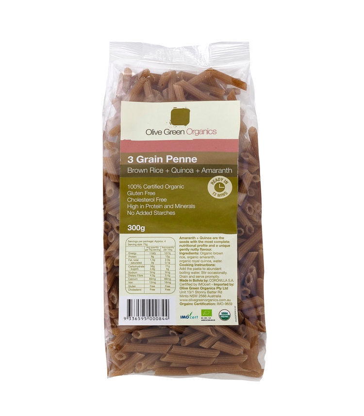 Olive Green Organics- Quinoa, Brown Rice & Amar Penne 300g