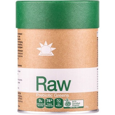 AMAZONIA Raw Prebiotic Greens 120g BEST BEFORE; 22/08/23
