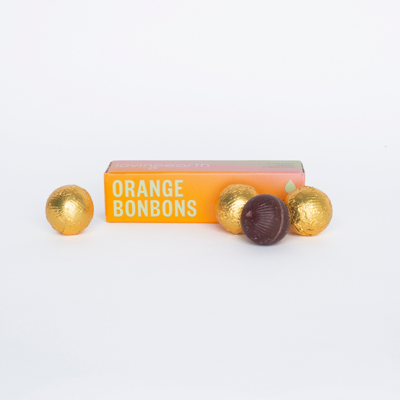 LOVING EARTH Bonbons - Orange Dark Chocolate 4 Pack Silky Orange Centres 46g BEST BEFORE 02/02/24